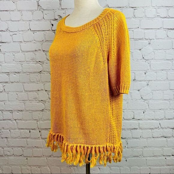 J Crew Short Sleeve Fringe Hem Knit Top Mustard/Gold S - Picture 2 of 9